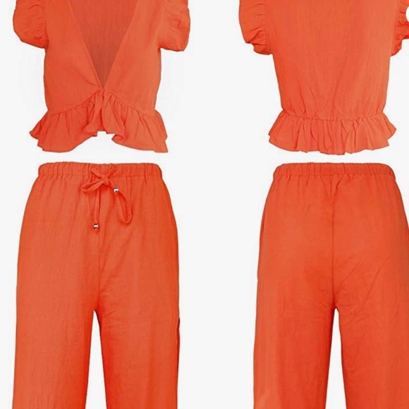 NWOT. Flattering 2 Pieces V Neck. Side Slit, Drawstring Wide Leg Pants. - Picture 6 of 8